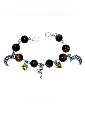 Handmade Halloween Ferry & Moon Charm Bracelet with Natural Tiger Eye Stones!